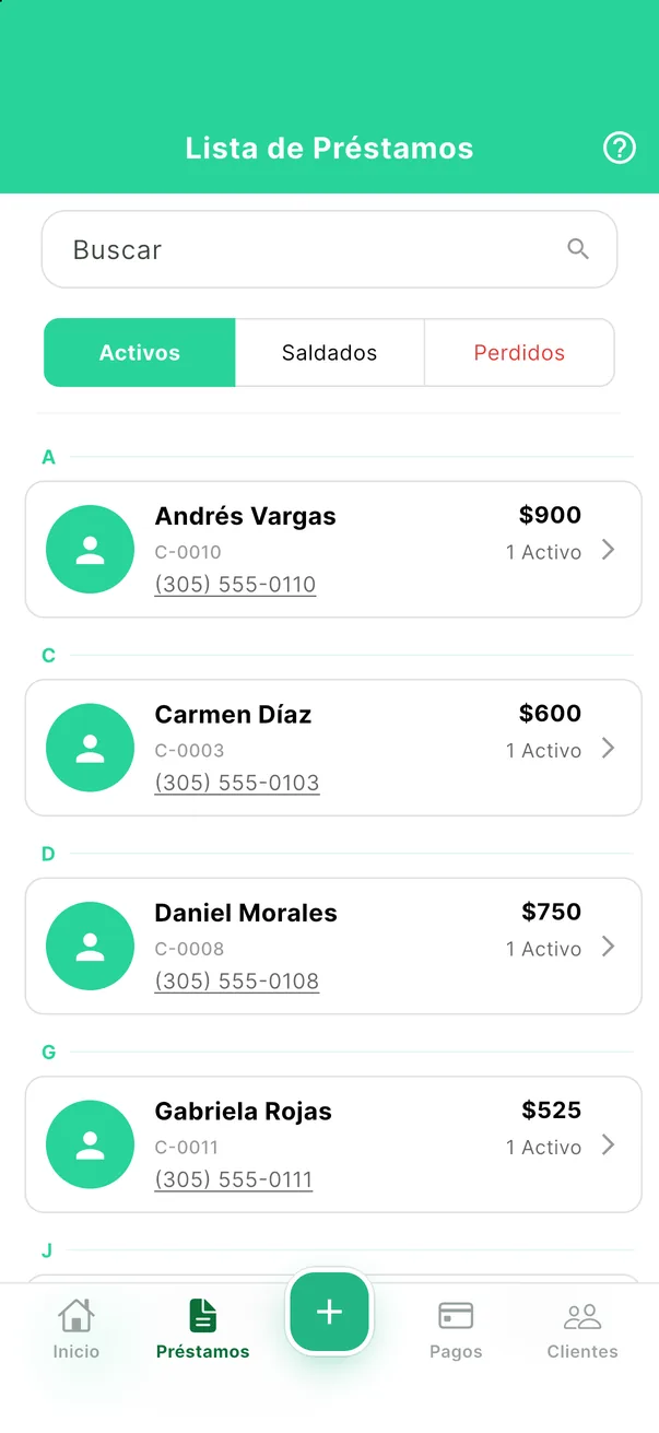 Liste des prêts dans l’app : prêts actifs par client avec le montant restant dû